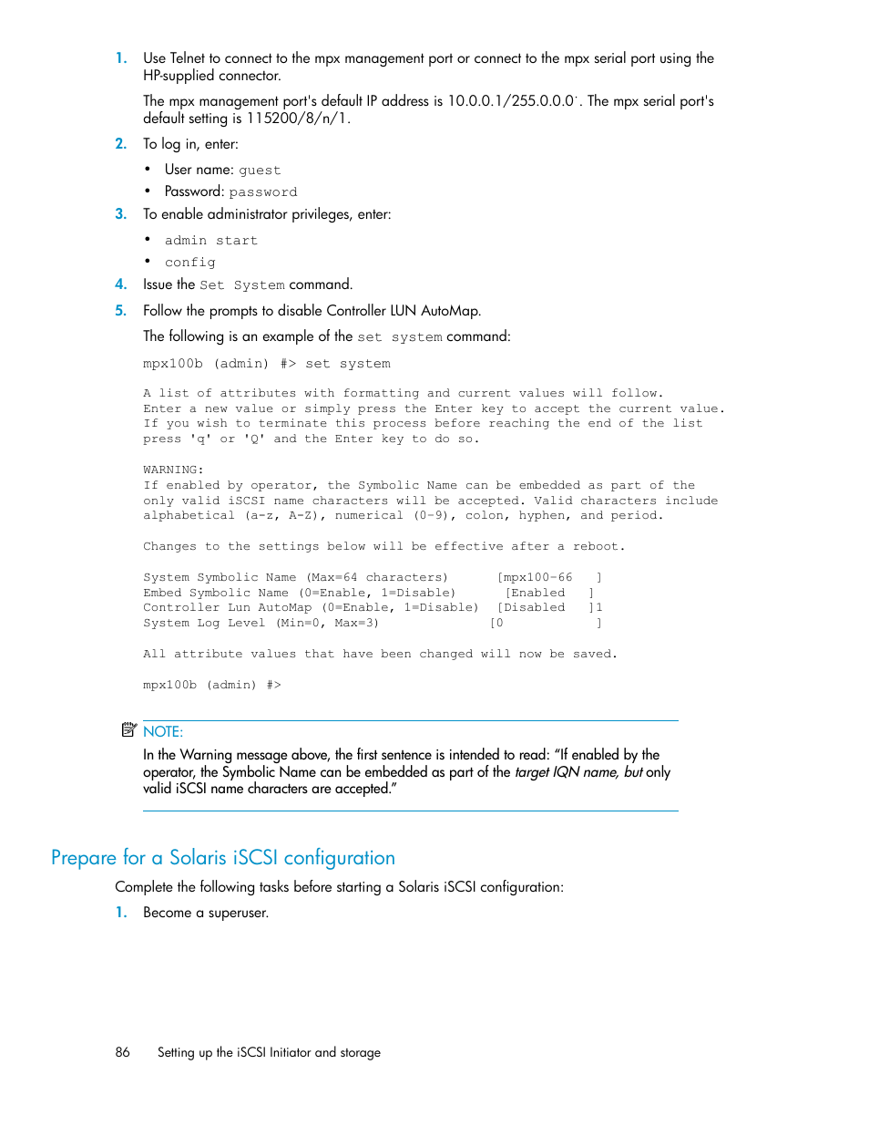 Prepare for a solaris iscsi configuration | HP 3000 Enterprise Virtual Array User Manual | Page 86 / 236