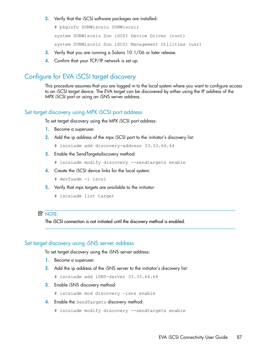 Configure for eva iscsi target discovery, Set target discovery using mpx iscsi port address, Set target discovery using isns server address | 87 set target discovery using isns server address | HP 3000 Enterprise Virtual Array User Manual | Page 87 / 236