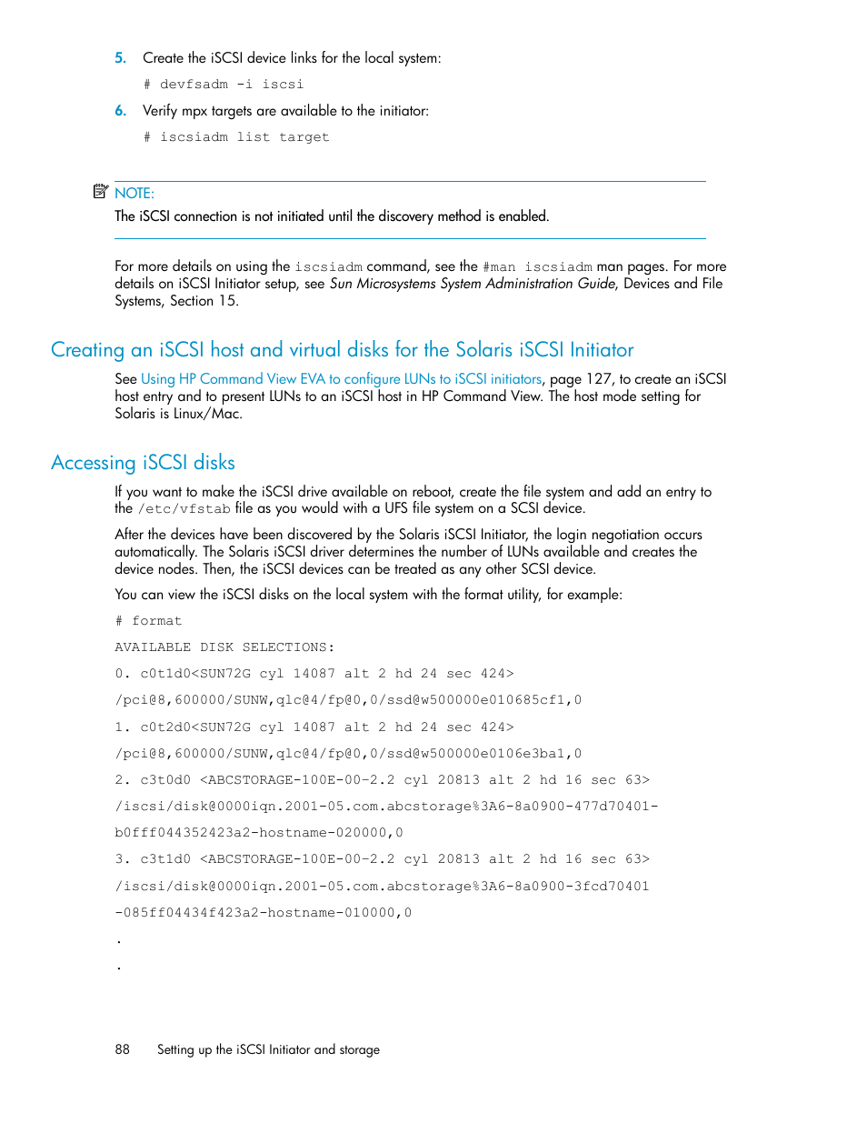 Accessing iscsi disks, 88 accessing iscsi disks | HP 3000 Enterprise Virtual Array User Manual | Page 88 / 236