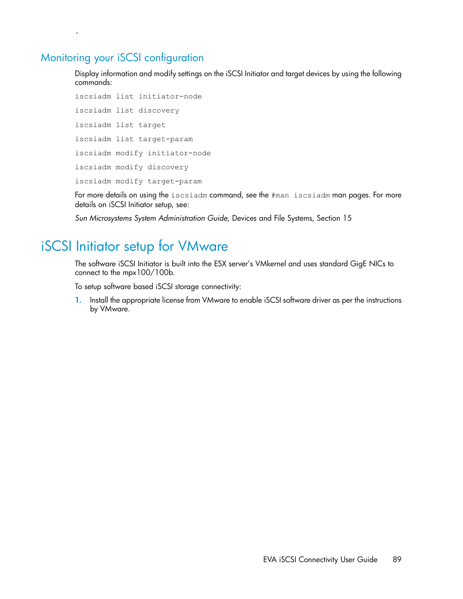 Monitoring your iscsi configuration, Iscsi initiator setup for vmware | HP 3000 Enterprise Virtual Array User Manual | Page 89 / 236