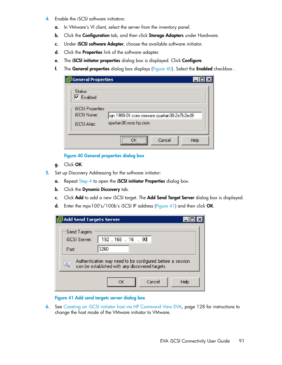 General properties dialog box, Add send targets server dialog box | HP 3000 Enterprise Virtual Array User Manual | Page 91 / 236