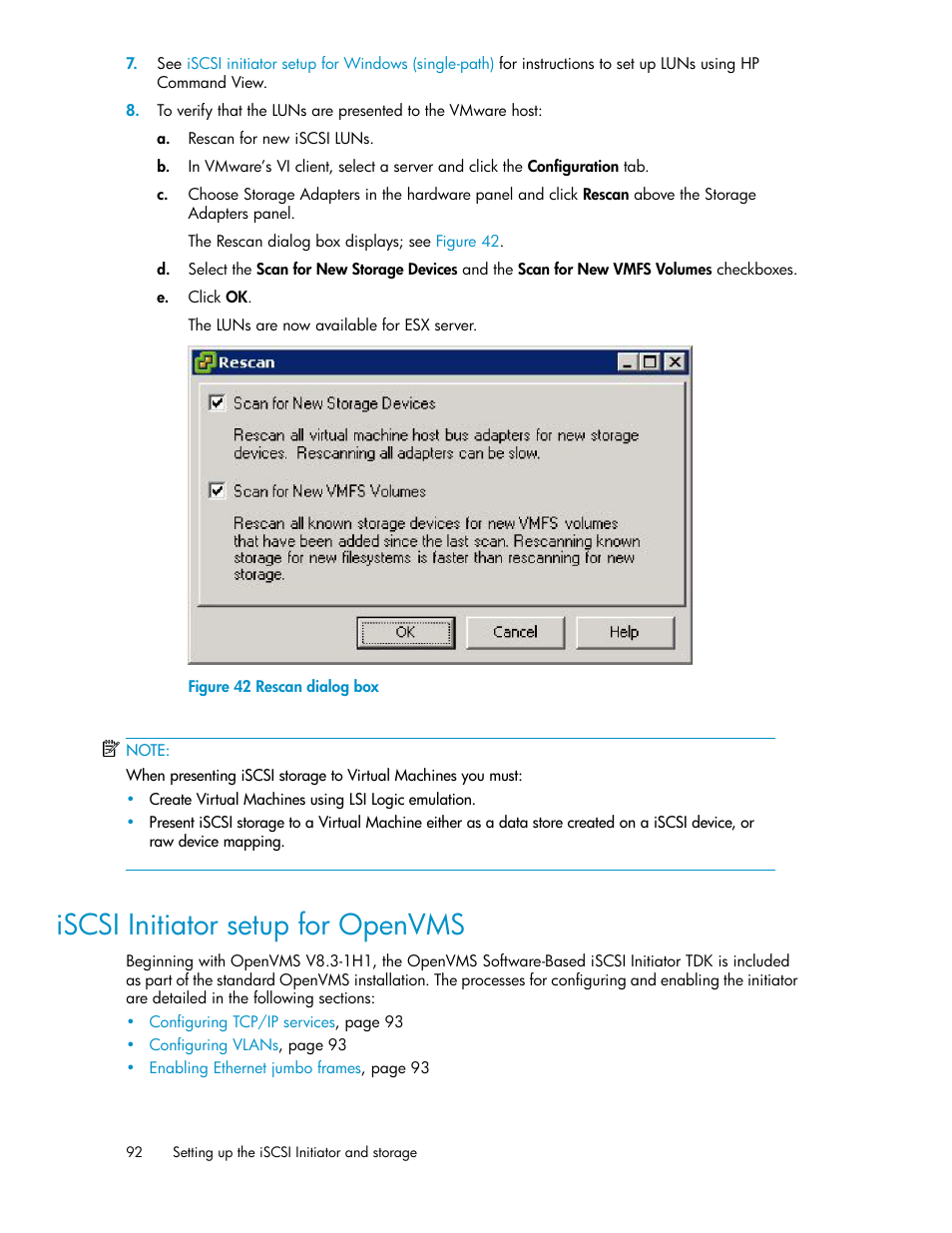 Iscsi initiator setup for openvms, Rescan dialog box | HP 3000 Enterprise Virtual Array User Manual | Page 92 / 236