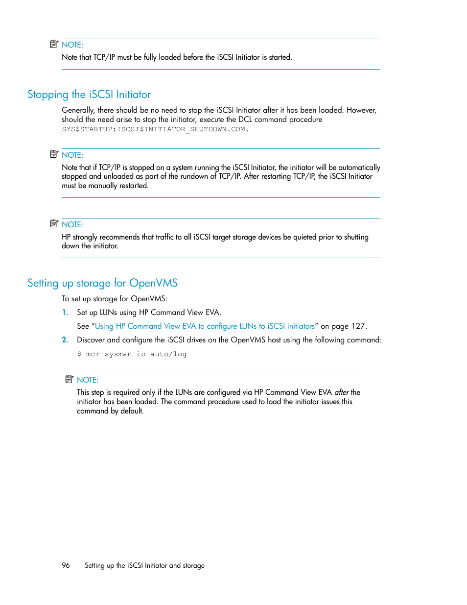 Stopping the iscsi initiator, Setting up storage for openvms, 96 setting up storage for openvms | HP 3000 Enterprise Virtual Array User Manual | Page 96 / 236