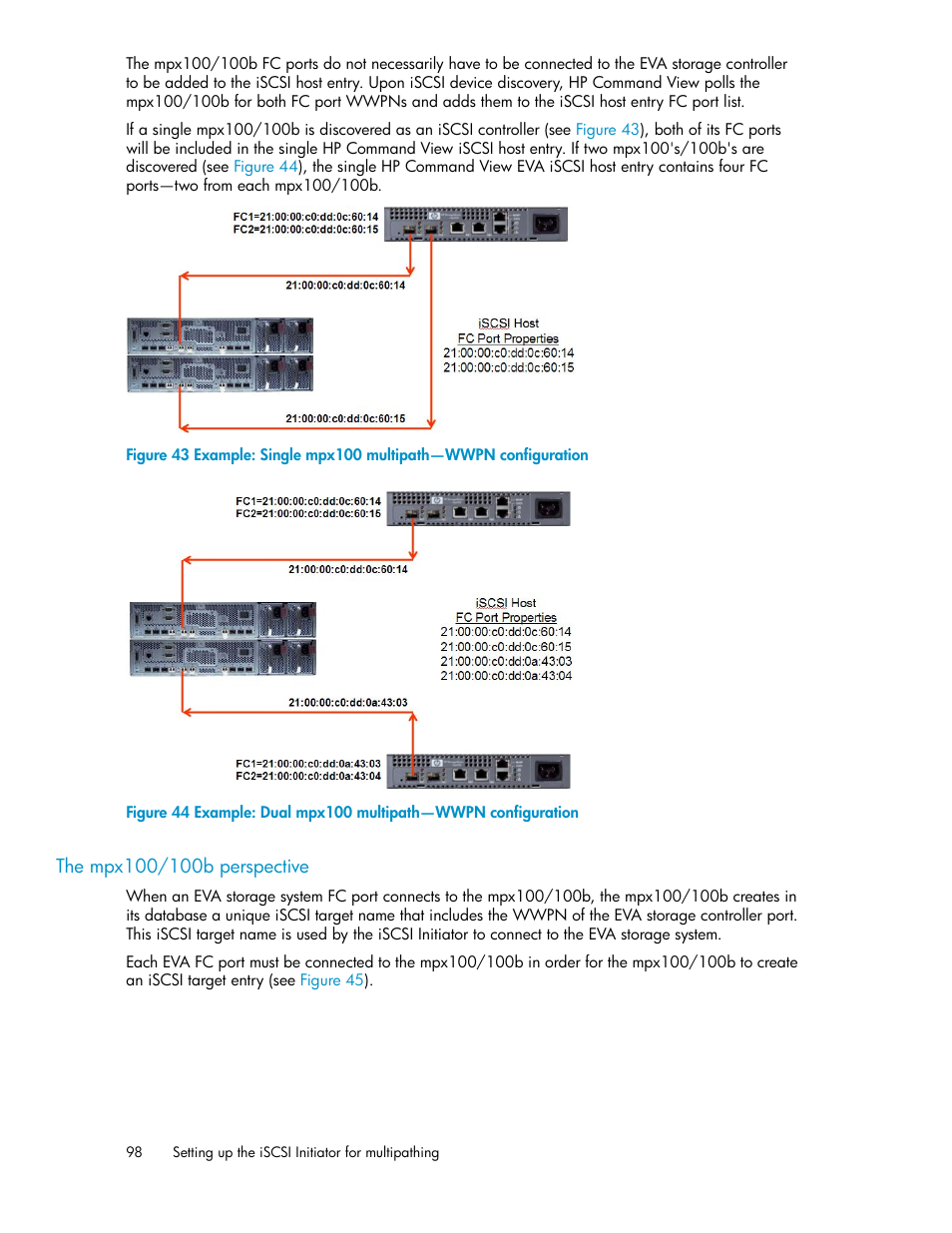 The mpx100/100b perspective, Example: dual mpx100 multipath—wwpn configuration | HP 3000 Enterprise Virtual Array User Manual | Page 98 / 236
