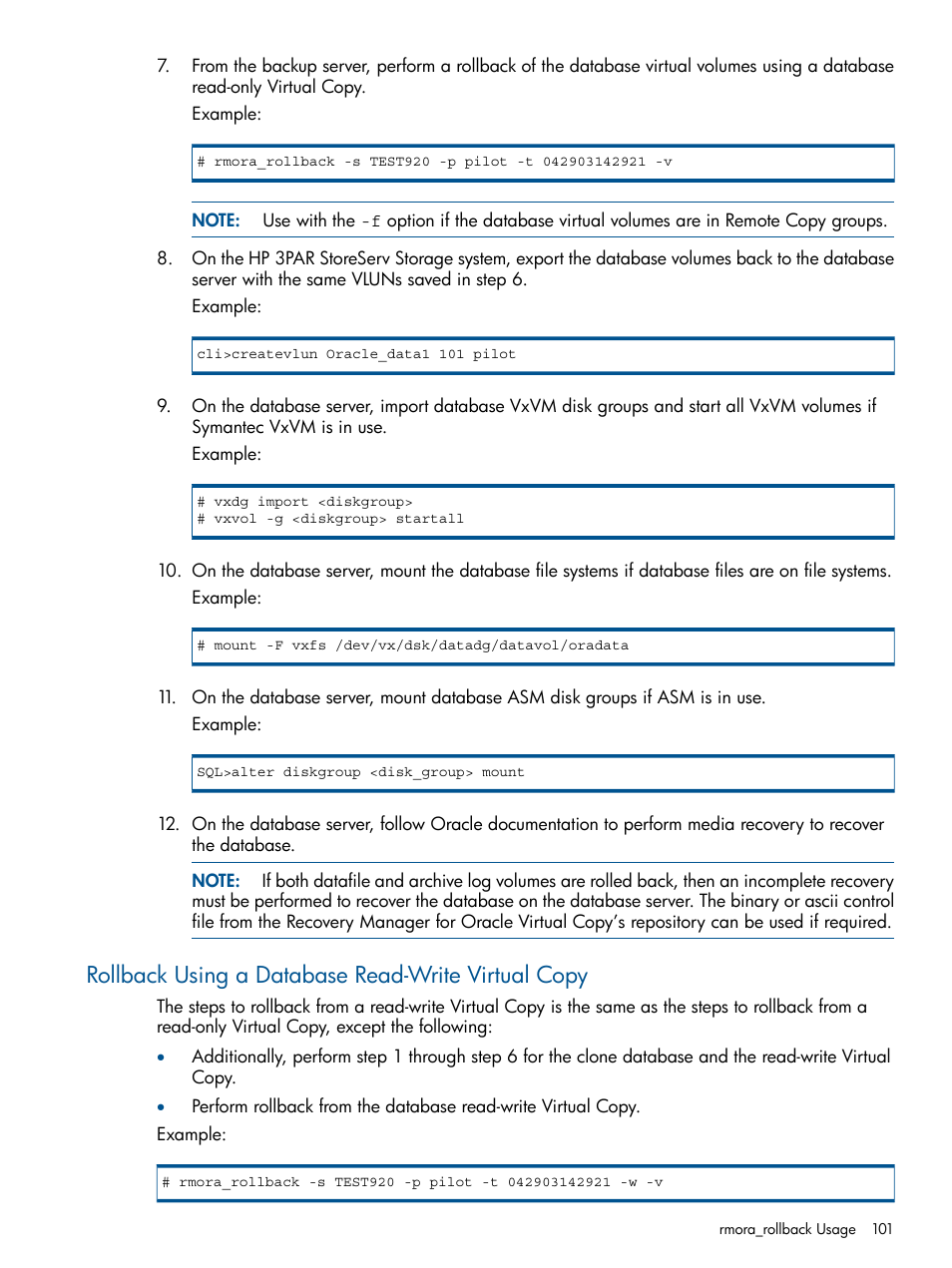 Rollback using a database read-write virtual copy | HP 3PAR Application Software Suite for Oracle Licenses User Manual | Page 101 / 199