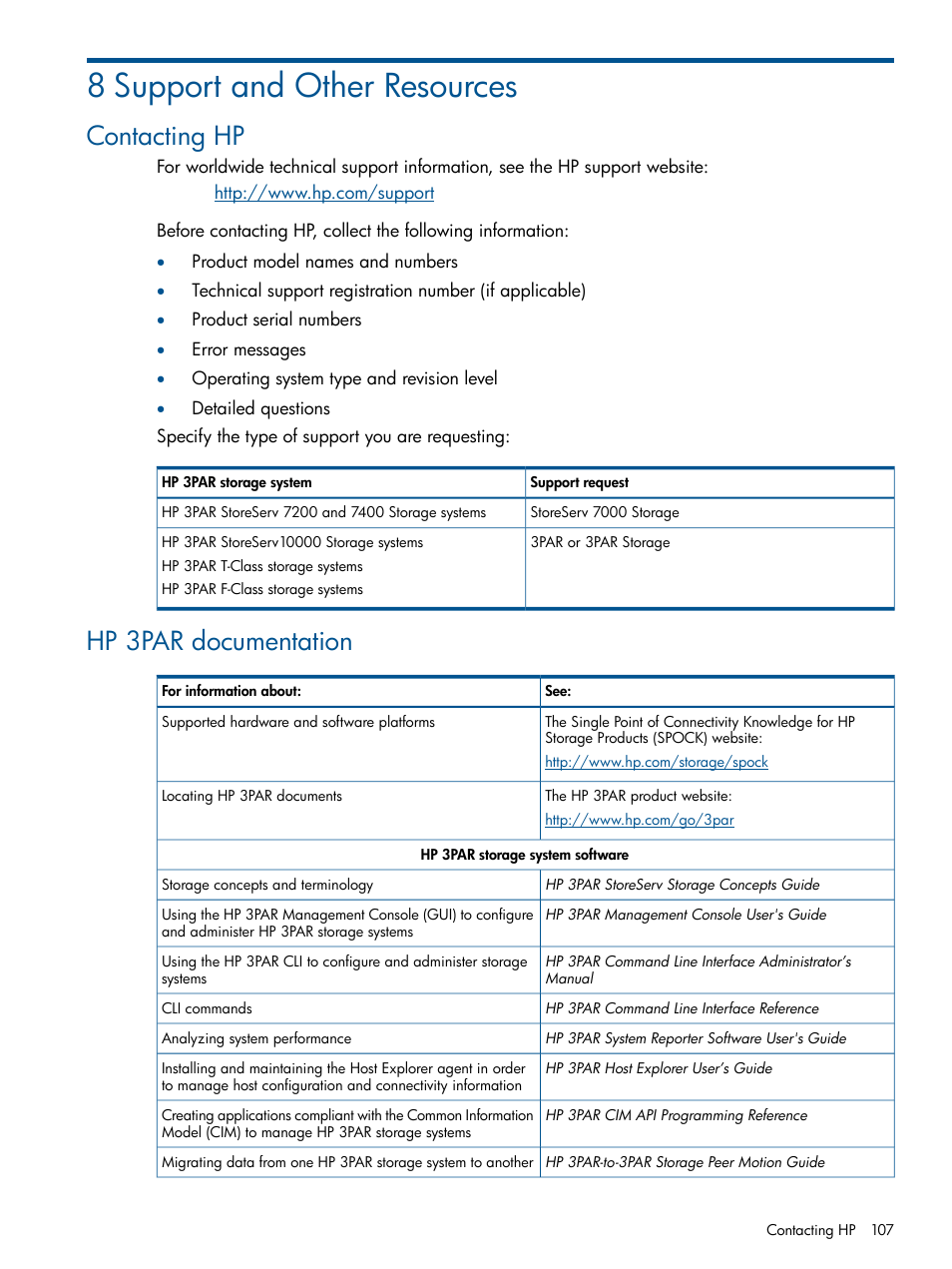 8 support and other resources, Contacting hp, Hp 3par documentation | Contacting hp hp 3par documentation | HP 3PAR Application Software Suite for Oracle Licenses User Manual | Page 107 / 199