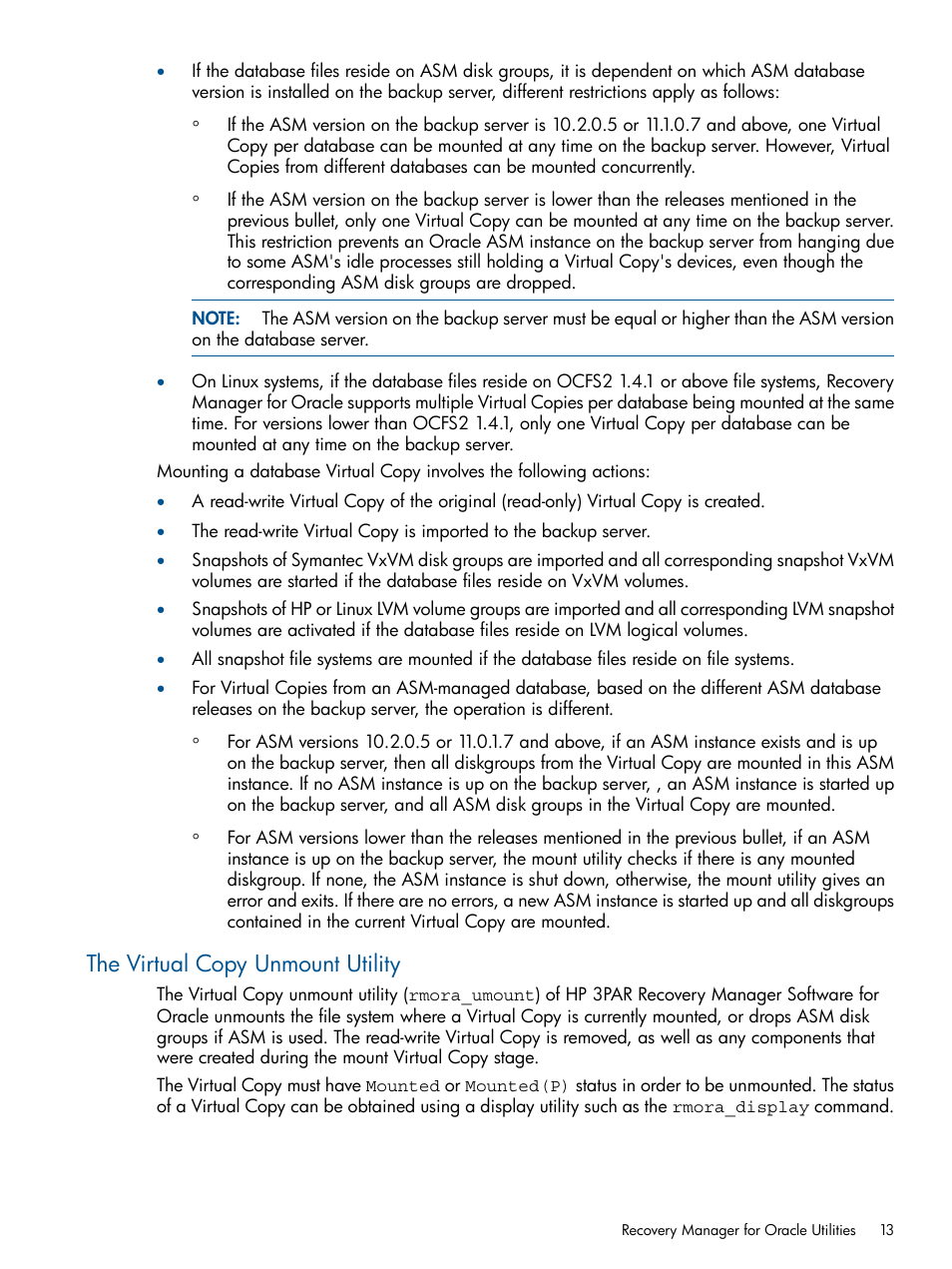 The virtual copy unmount utility | HP 3PAR Application Software Suite for Oracle Licenses User Manual | Page 13 / 199