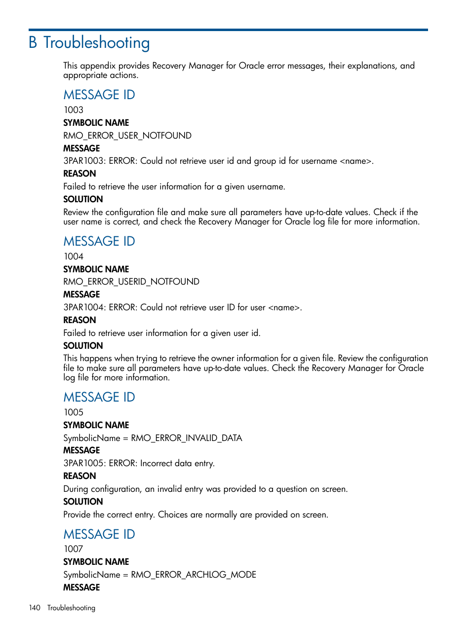 B troubleshooting, Message id | HP 3PAR Application Software Suite for Oracle Licenses User Manual | Page 140 / 199