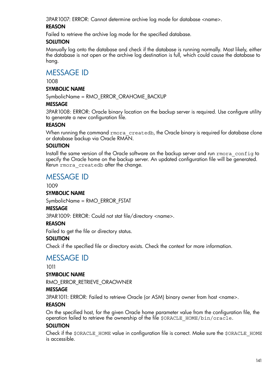 Message id | HP 3PAR Application Software Suite for Oracle Licenses User Manual | Page 141 / 199