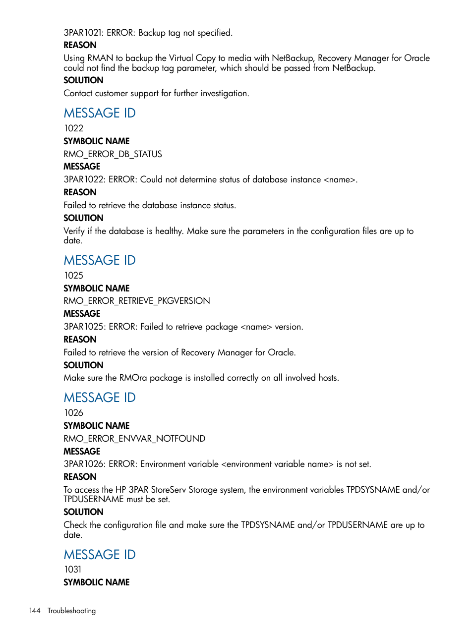 Message id | HP 3PAR Application Software Suite for Oracle Licenses User Manual | Page 144 / 199