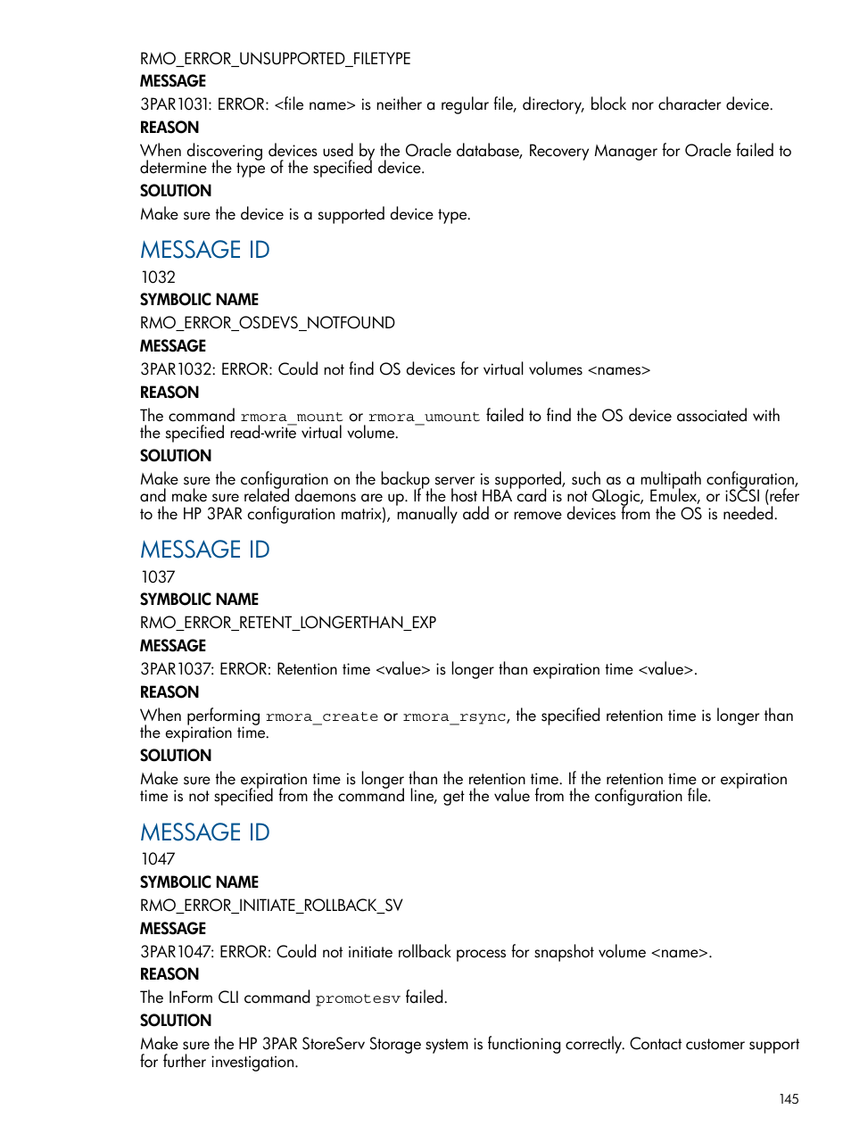 Message id | HP 3PAR Application Software Suite for Oracle Licenses User Manual | Page 145 / 199