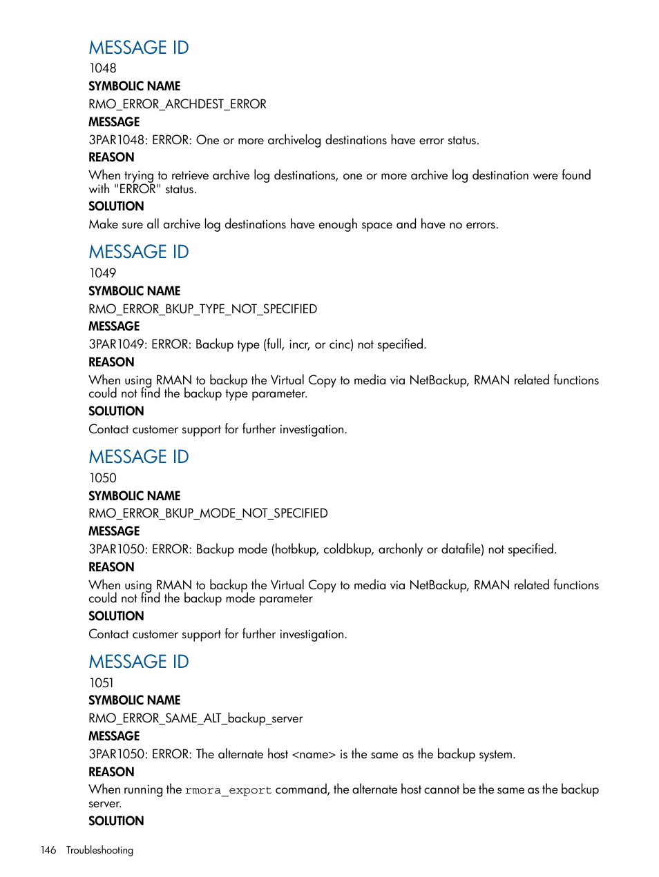 Message id | HP 3PAR Application Software Suite for Oracle Licenses User Manual | Page 146 / 199