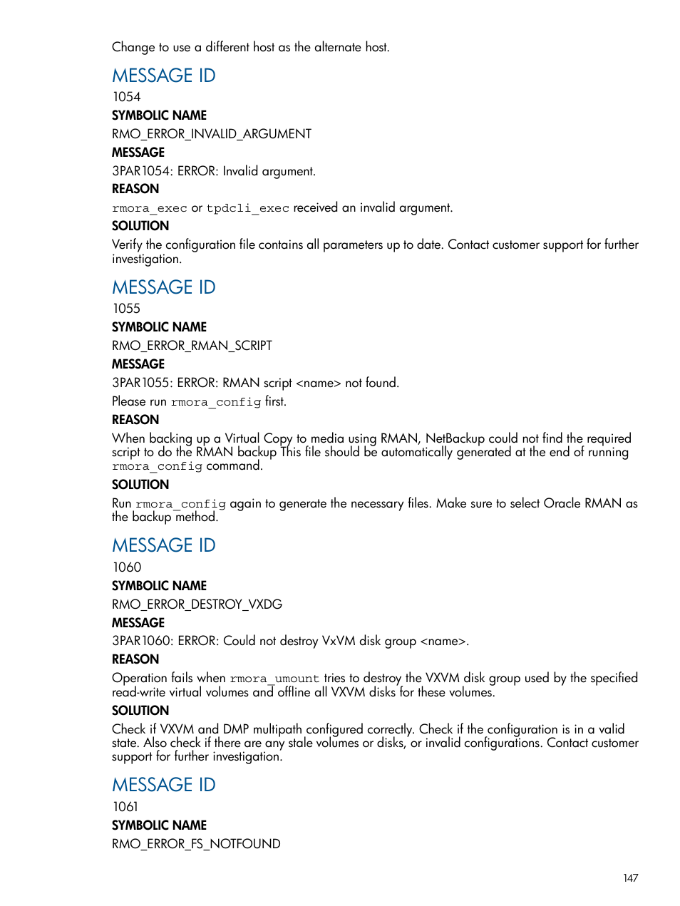 Message id | HP 3PAR Application Software Suite for Oracle Licenses User Manual | Page 147 / 199
