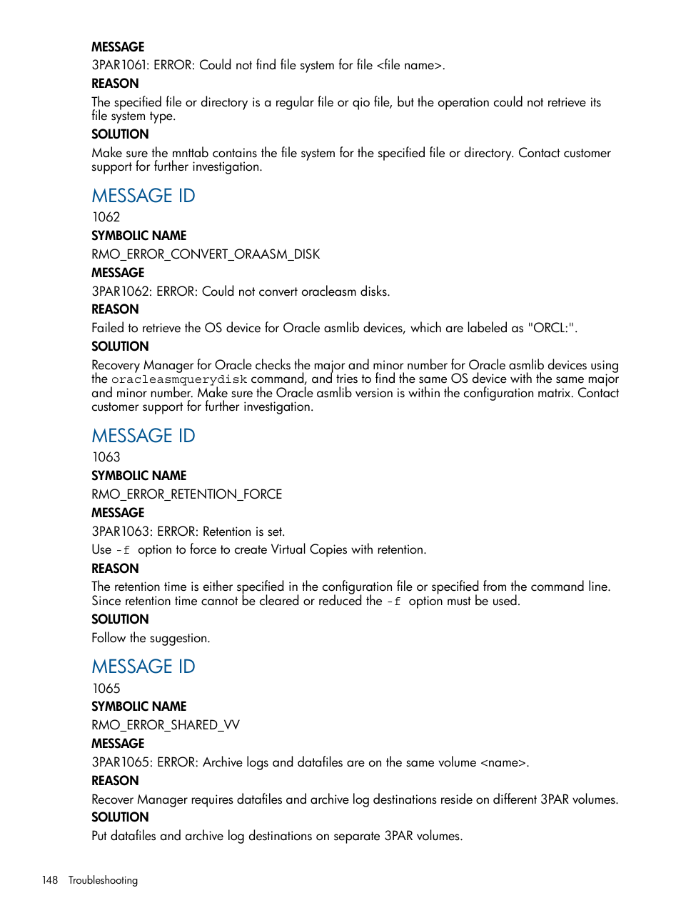 Message id | HP 3PAR Application Software Suite for Oracle Licenses User Manual | Page 148 / 199