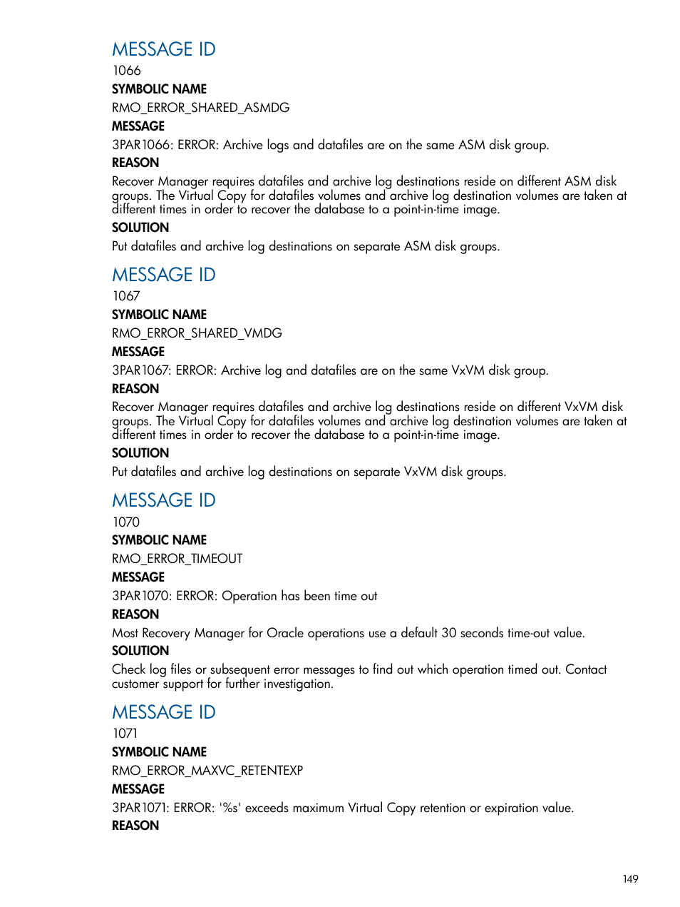 Message id | HP 3PAR Application Software Suite for Oracle Licenses User Manual | Page 149 / 199