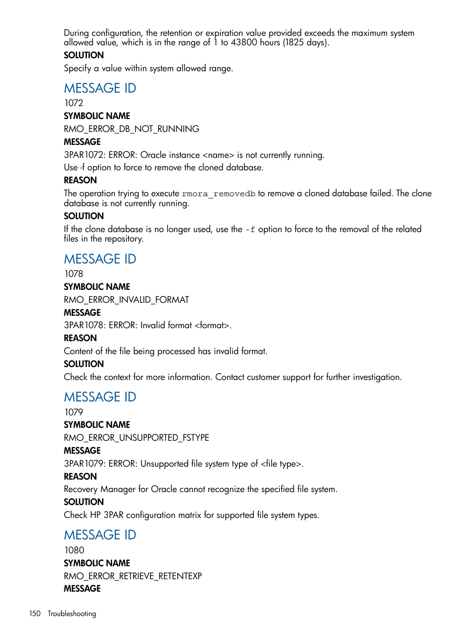 Message id | HP 3PAR Application Software Suite for Oracle Licenses User Manual | Page 150 / 199