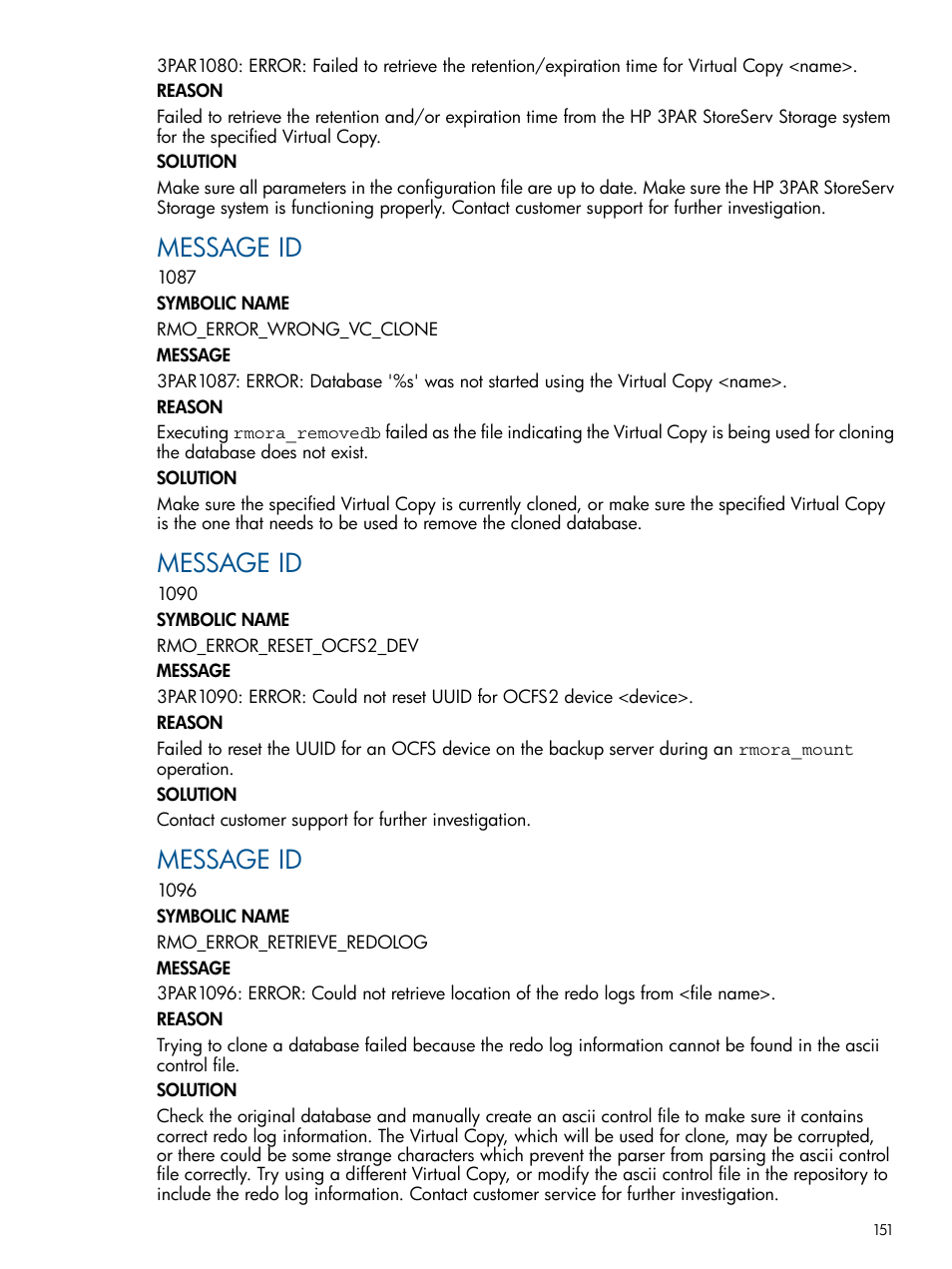 Message id | HP 3PAR Application Software Suite for Oracle Licenses User Manual | Page 151 / 199