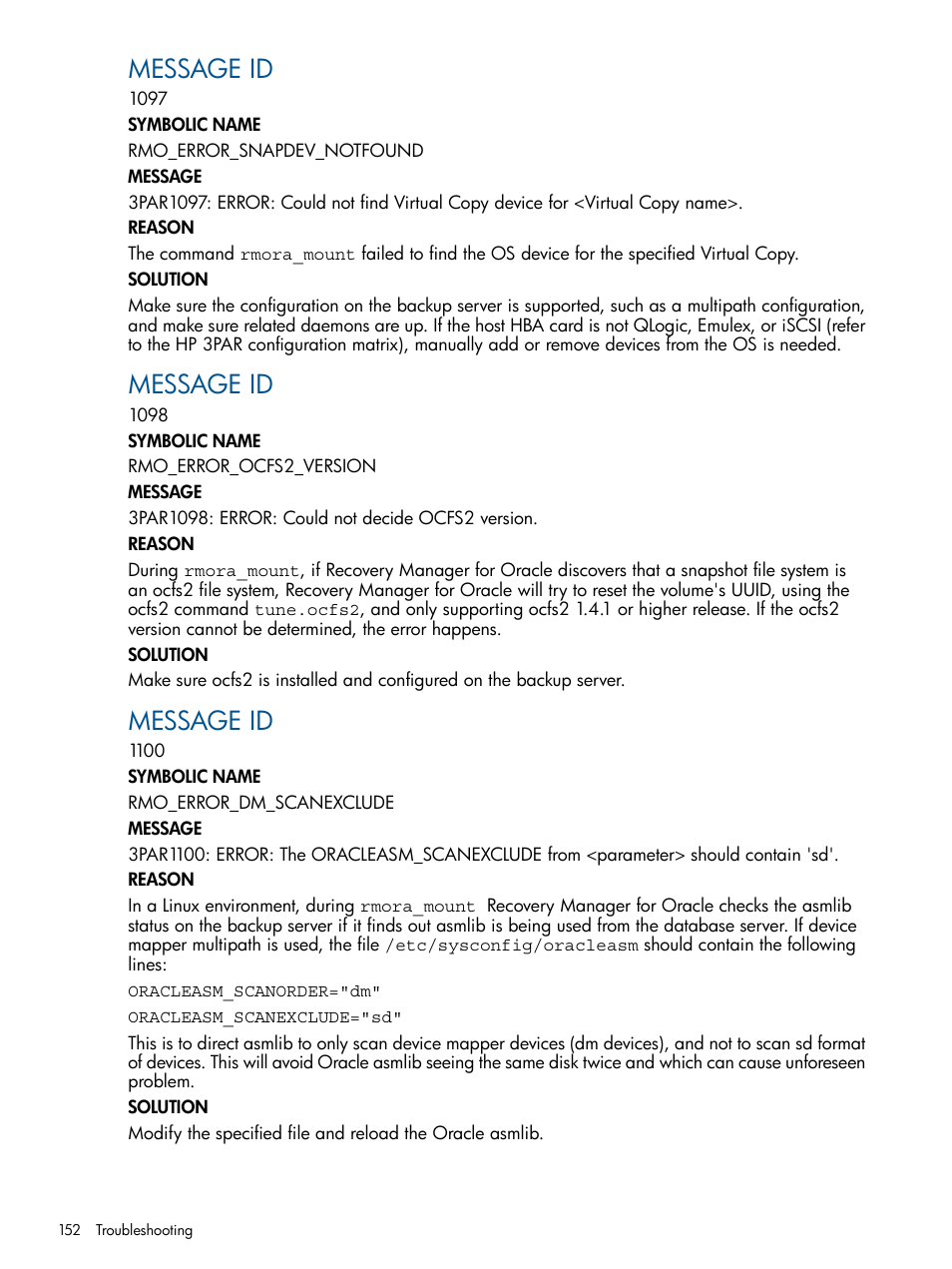 Message id | HP 3PAR Application Software Suite for Oracle Licenses User Manual | Page 152 / 199
