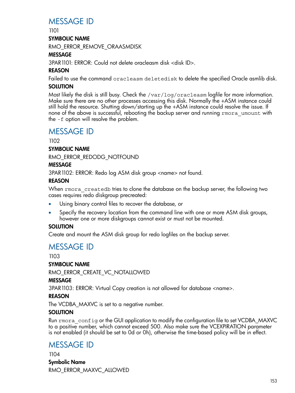 Message id | HP 3PAR Application Software Suite for Oracle Licenses User Manual | Page 153 / 199
