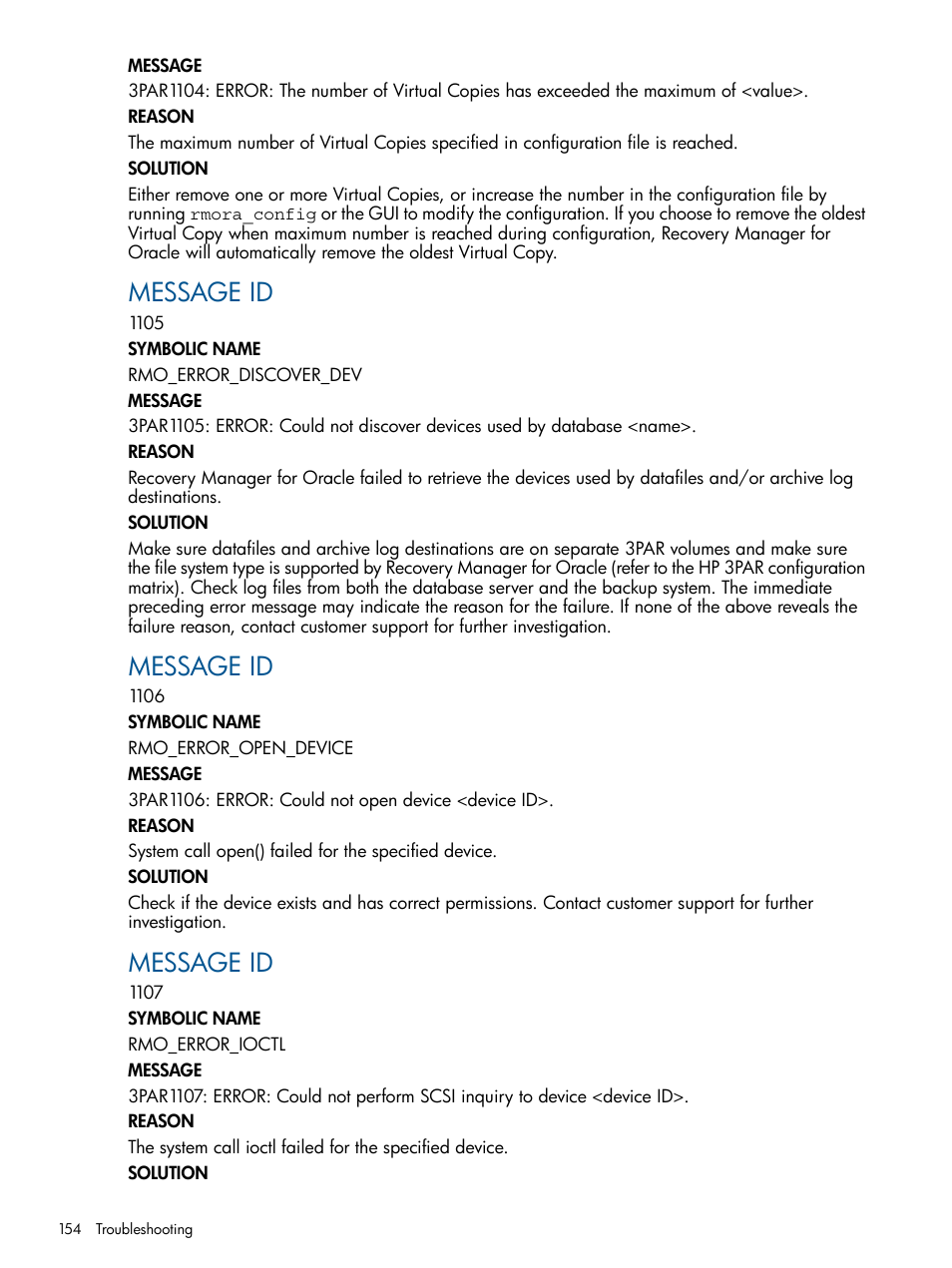 Message id | HP 3PAR Application Software Suite for Oracle Licenses User Manual | Page 154 / 199