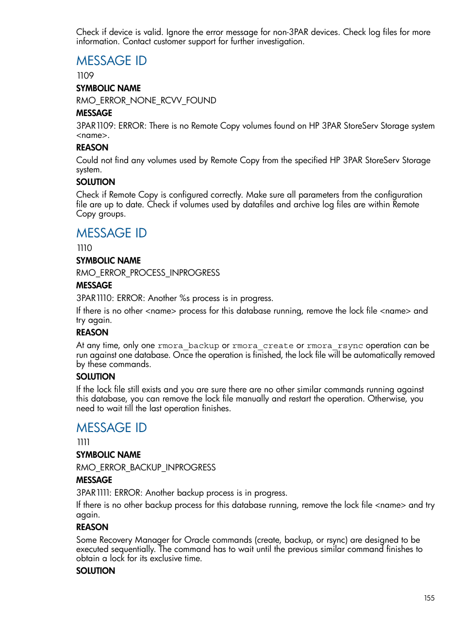 Message id | HP 3PAR Application Software Suite for Oracle Licenses User Manual | Page 155 / 199