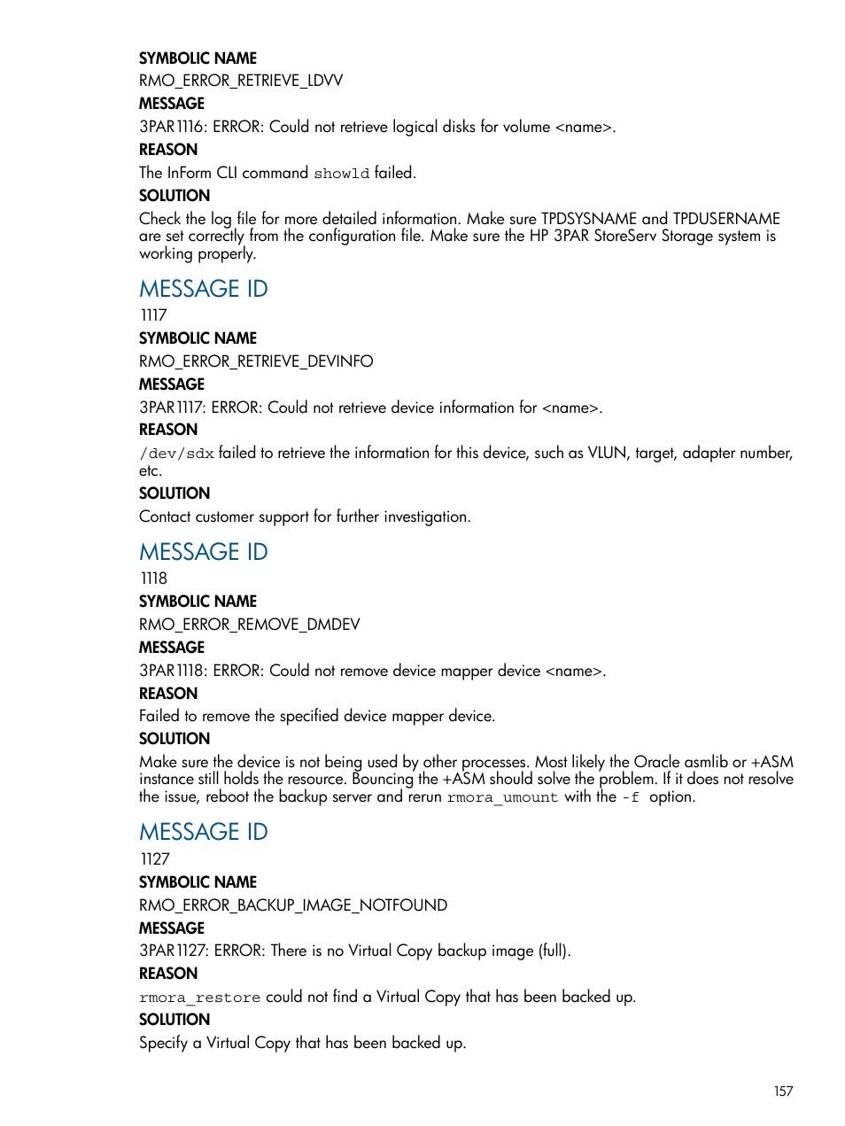 Message id | HP 3PAR Application Software Suite for Oracle Licenses User Manual | Page 157 / 199