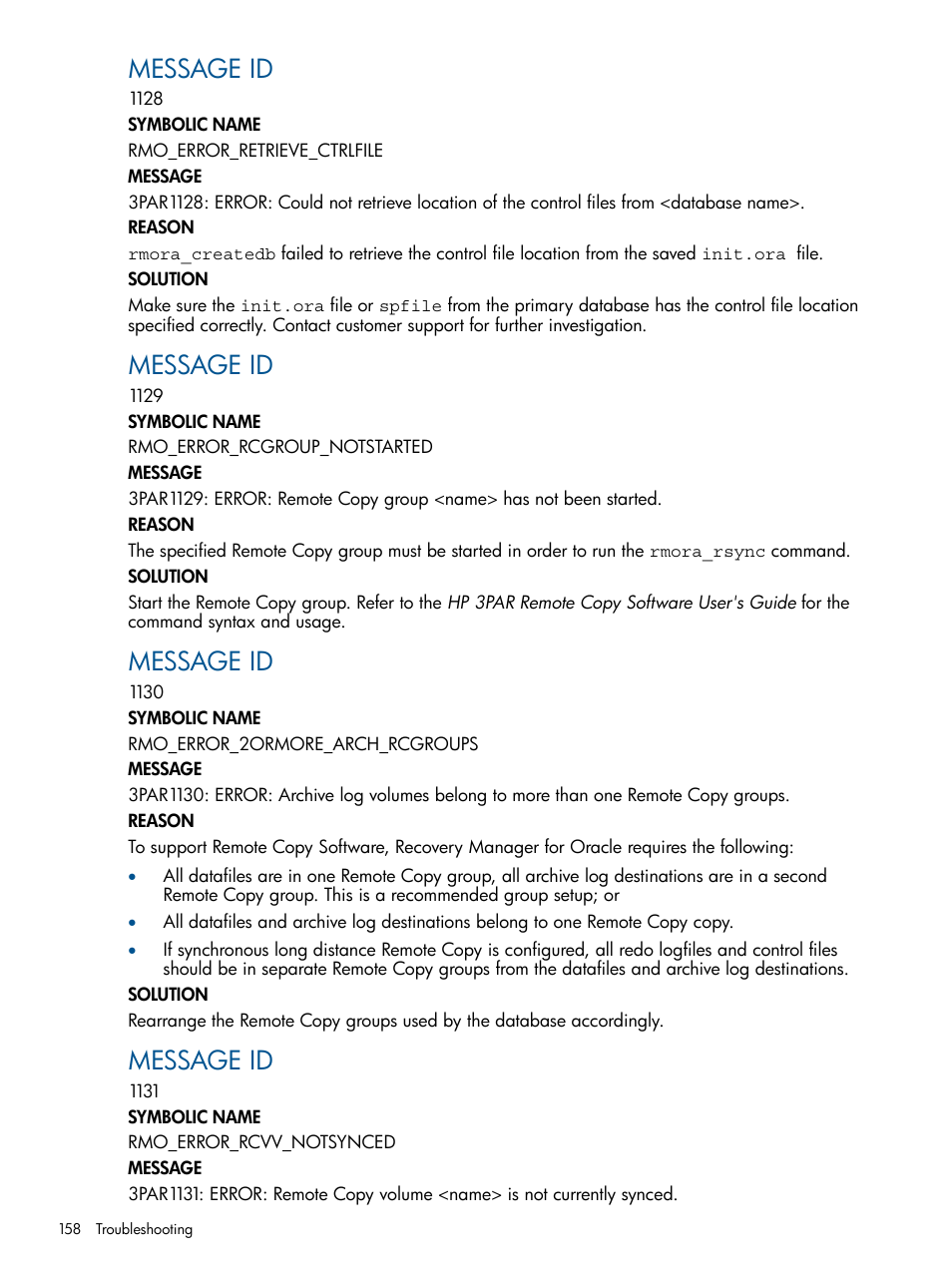 Message id | HP 3PAR Application Software Suite for Oracle Licenses User Manual | Page 158 / 199
