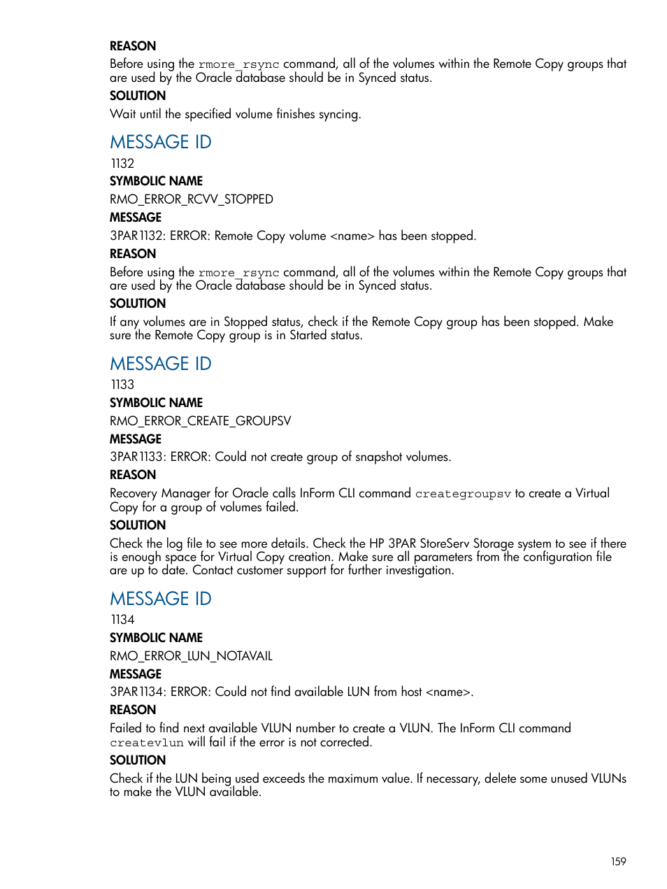 Message id | HP 3PAR Application Software Suite for Oracle Licenses User Manual | Page 159 / 199