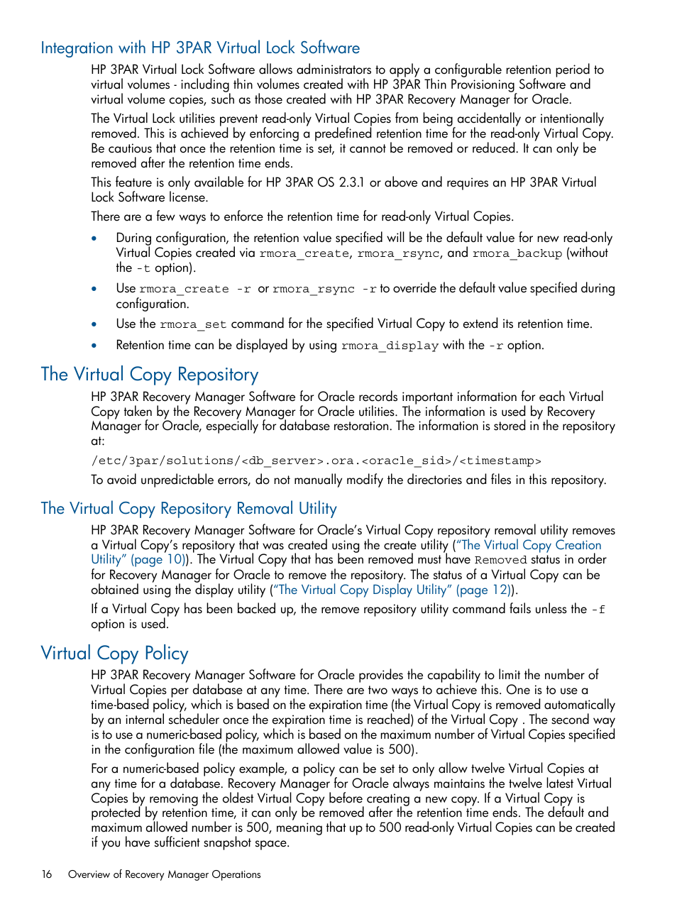 Integration with hp 3par virtual lock software, The virtual copy repository, The virtual copy repository removal utility | Virtual copy policy | HP 3PAR Application Software Suite for Oracle Licenses User Manual | Page 16 / 199