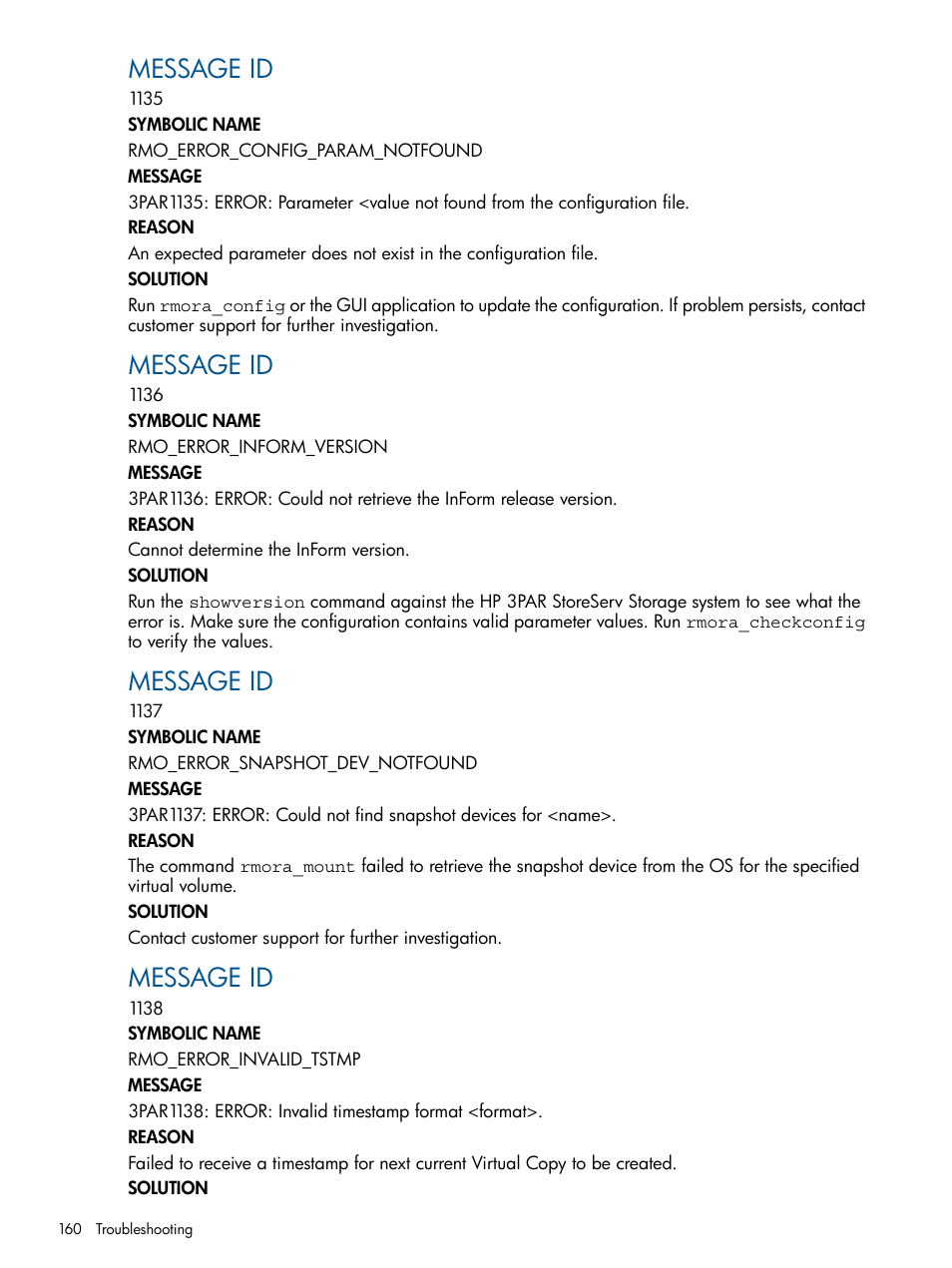 Message id | HP 3PAR Application Software Suite for Oracle Licenses User Manual | Page 160 / 199
