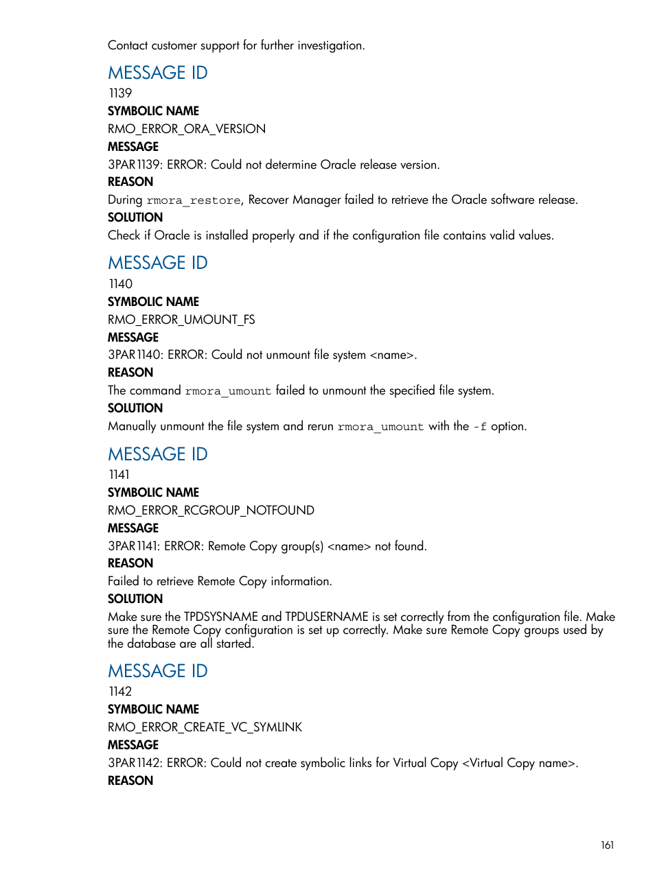 Message id | HP 3PAR Application Software Suite for Oracle Licenses User Manual | Page 161 / 199