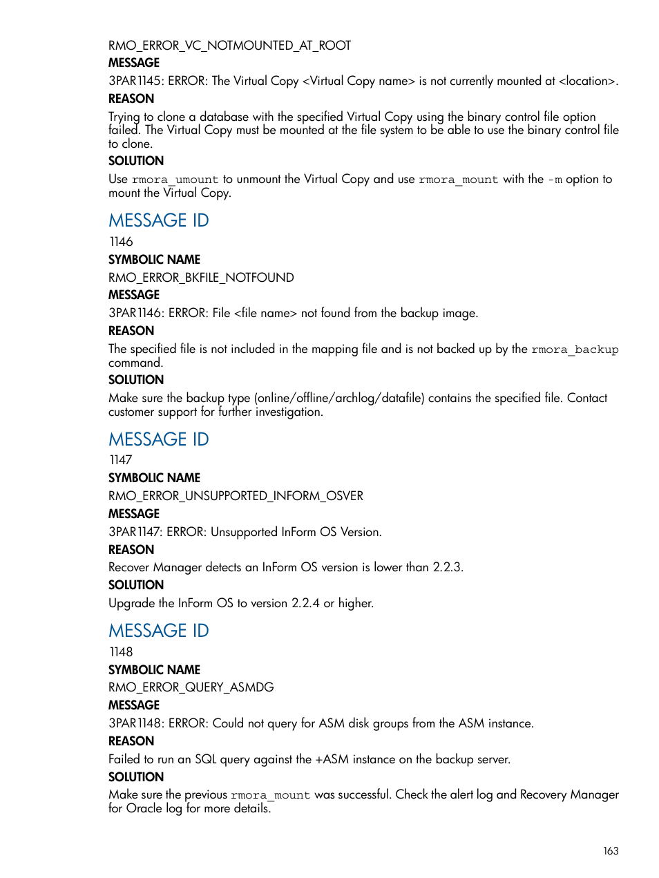 Message id | HP 3PAR Application Software Suite for Oracle Licenses User Manual | Page 163 / 199