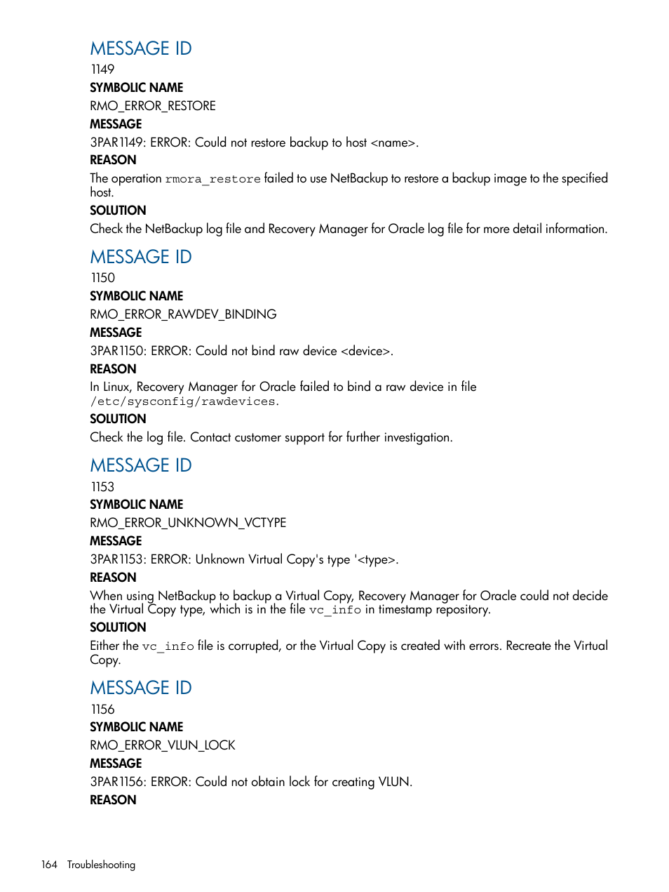 Message id | HP 3PAR Application Software Suite for Oracle Licenses User Manual | Page 164 / 199