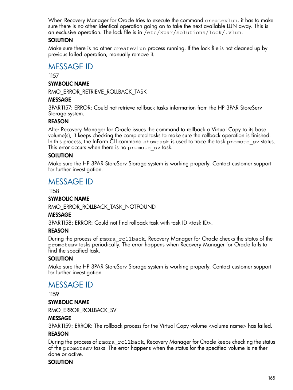 Message id | HP 3PAR Application Software Suite for Oracle Licenses User Manual | Page 165 / 199