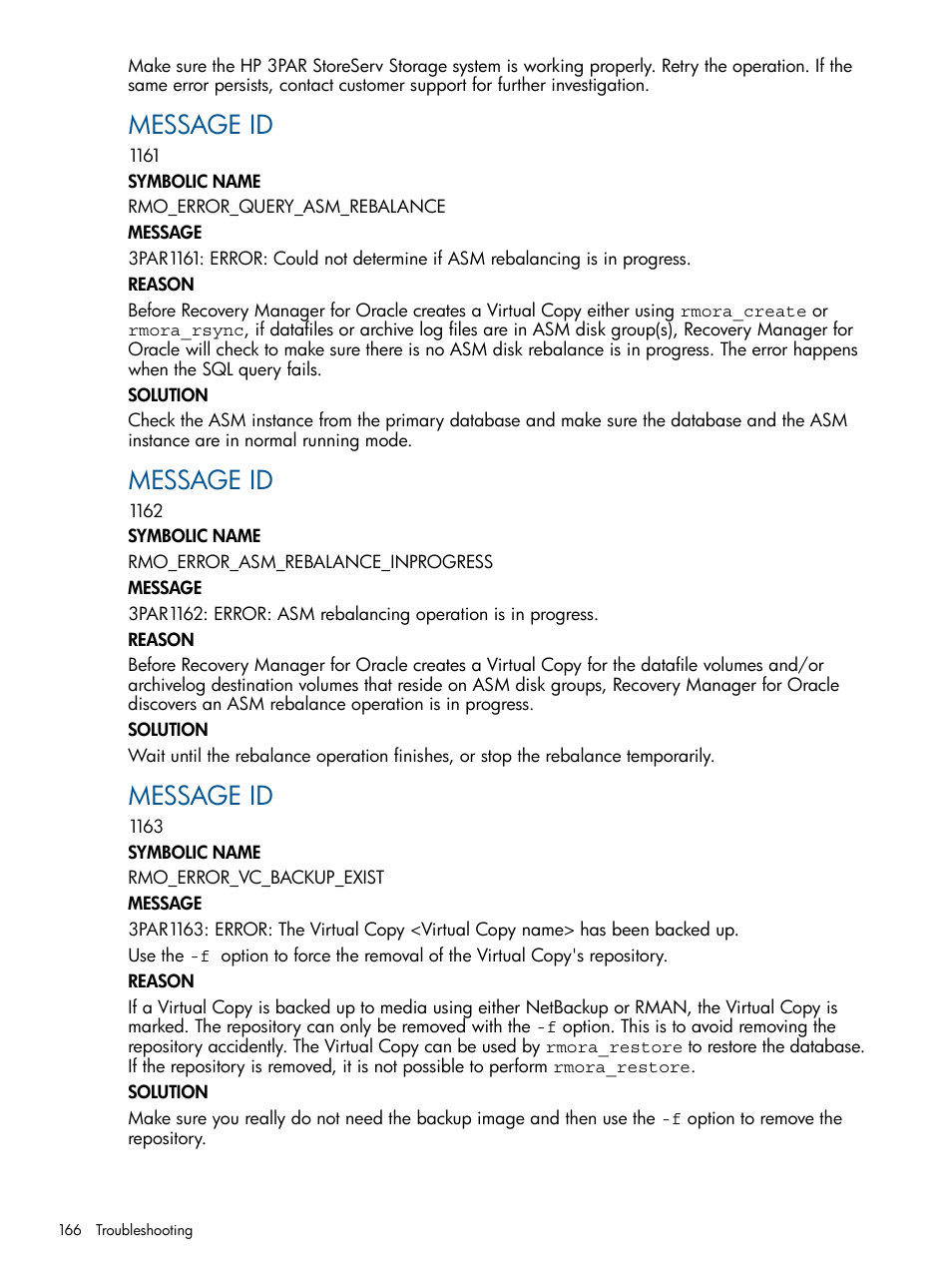 Message id | HP 3PAR Application Software Suite for Oracle Licenses User Manual | Page 166 / 199