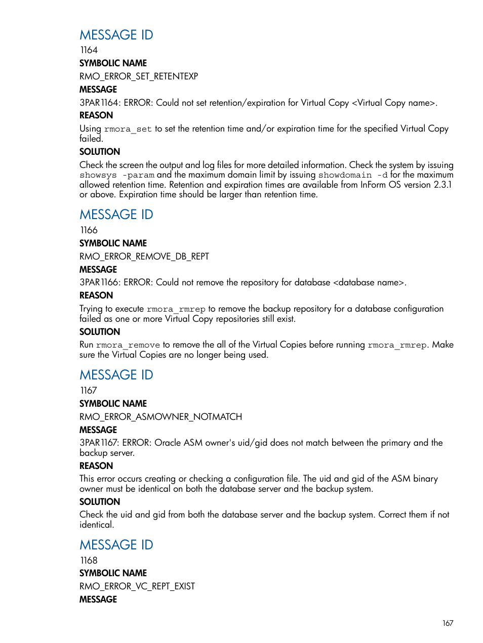 Message id | HP 3PAR Application Software Suite for Oracle Licenses User Manual | Page 167 / 199