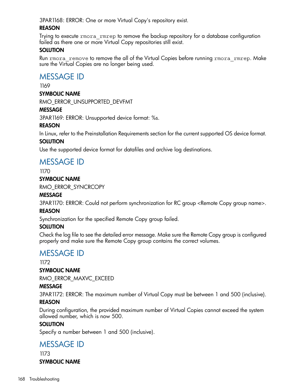 Message id | HP 3PAR Application Software Suite for Oracle Licenses User Manual | Page 168 / 199