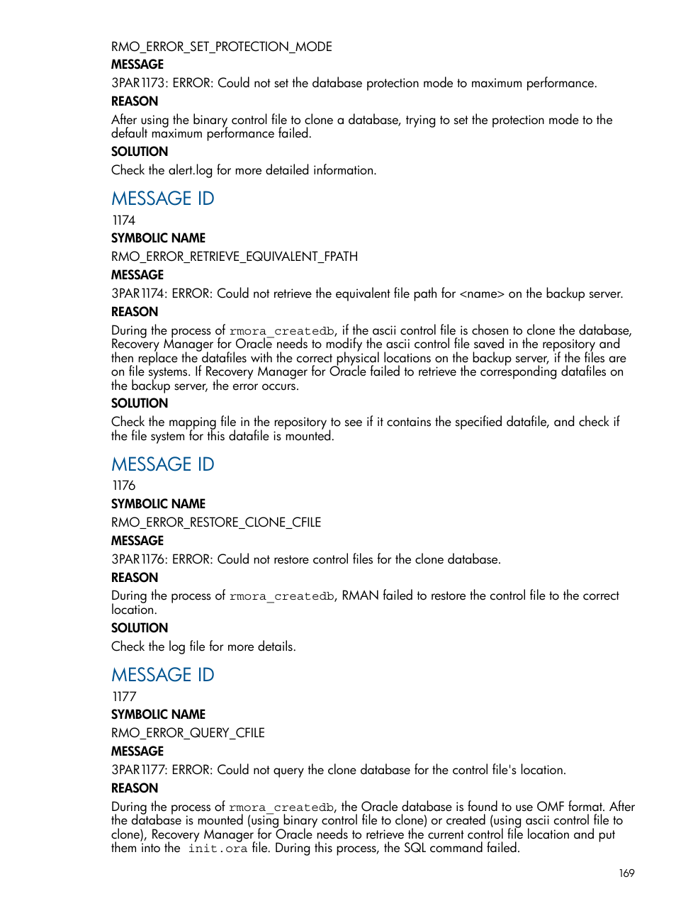 Message id | HP 3PAR Application Software Suite for Oracle Licenses User Manual | Page 169 / 199