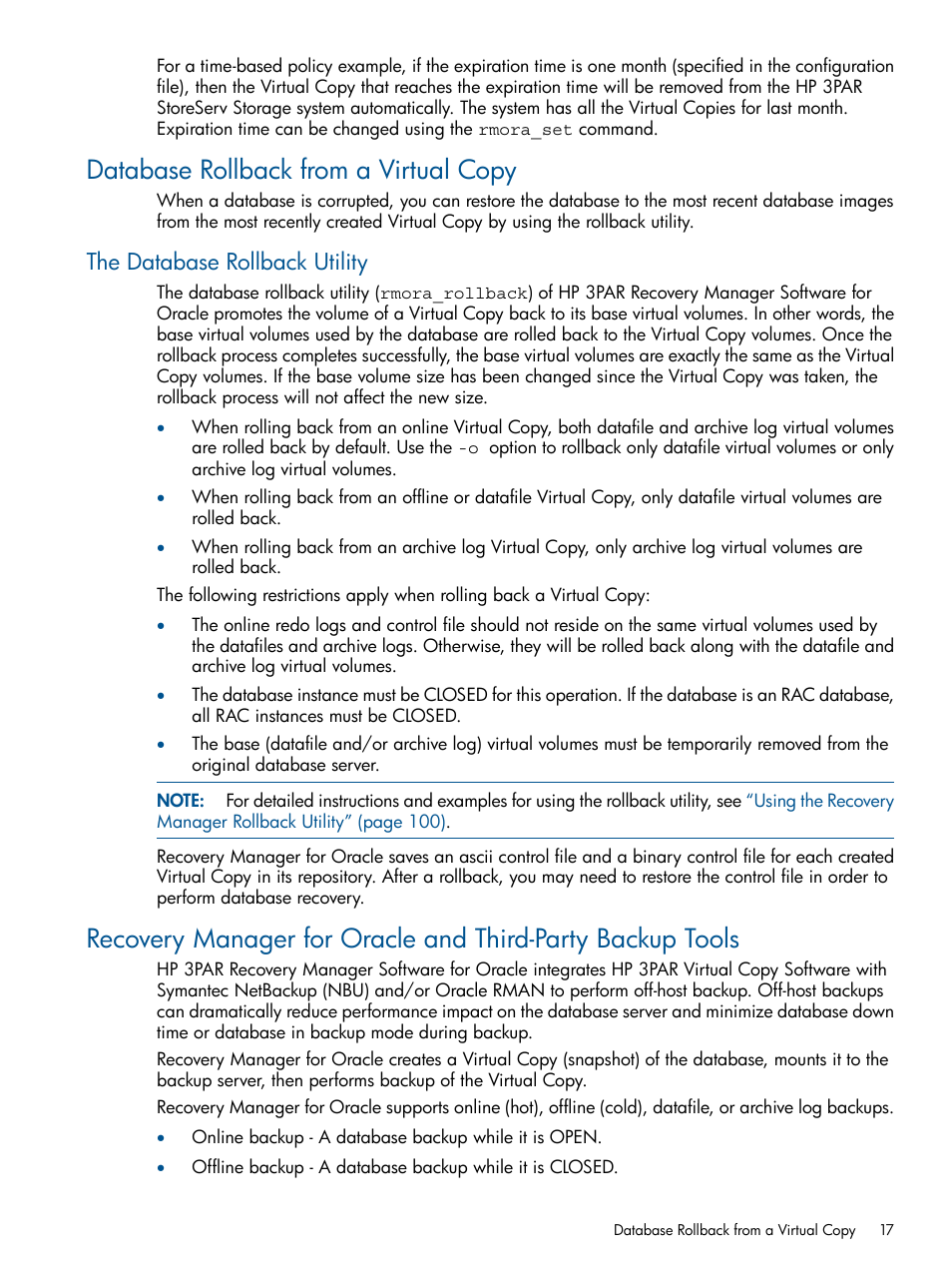 Database rollback from a virtual copy, The database rollback utility | HP 3PAR Application Software Suite for Oracle Licenses User Manual | Page 17 / 199