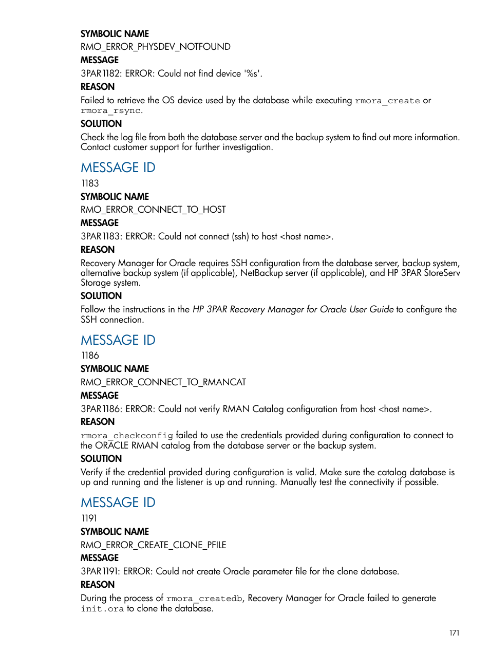 Message id | HP 3PAR Application Software Suite for Oracle Licenses User Manual | Page 171 / 199