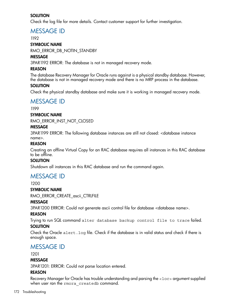 Message id | HP 3PAR Application Software Suite for Oracle Licenses User Manual | Page 172 / 199