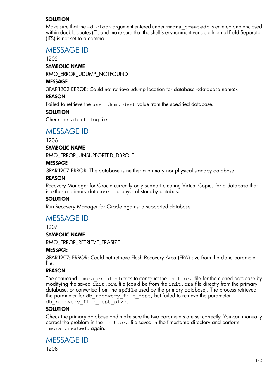Message id | HP 3PAR Application Software Suite for Oracle Licenses User Manual | Page 173 / 199