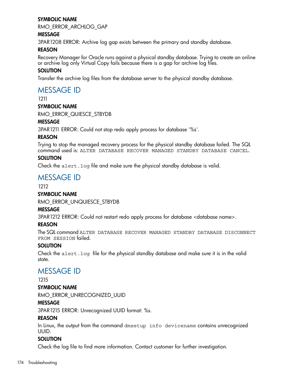 Message id | HP 3PAR Application Software Suite for Oracle Licenses User Manual | Page 174 / 199