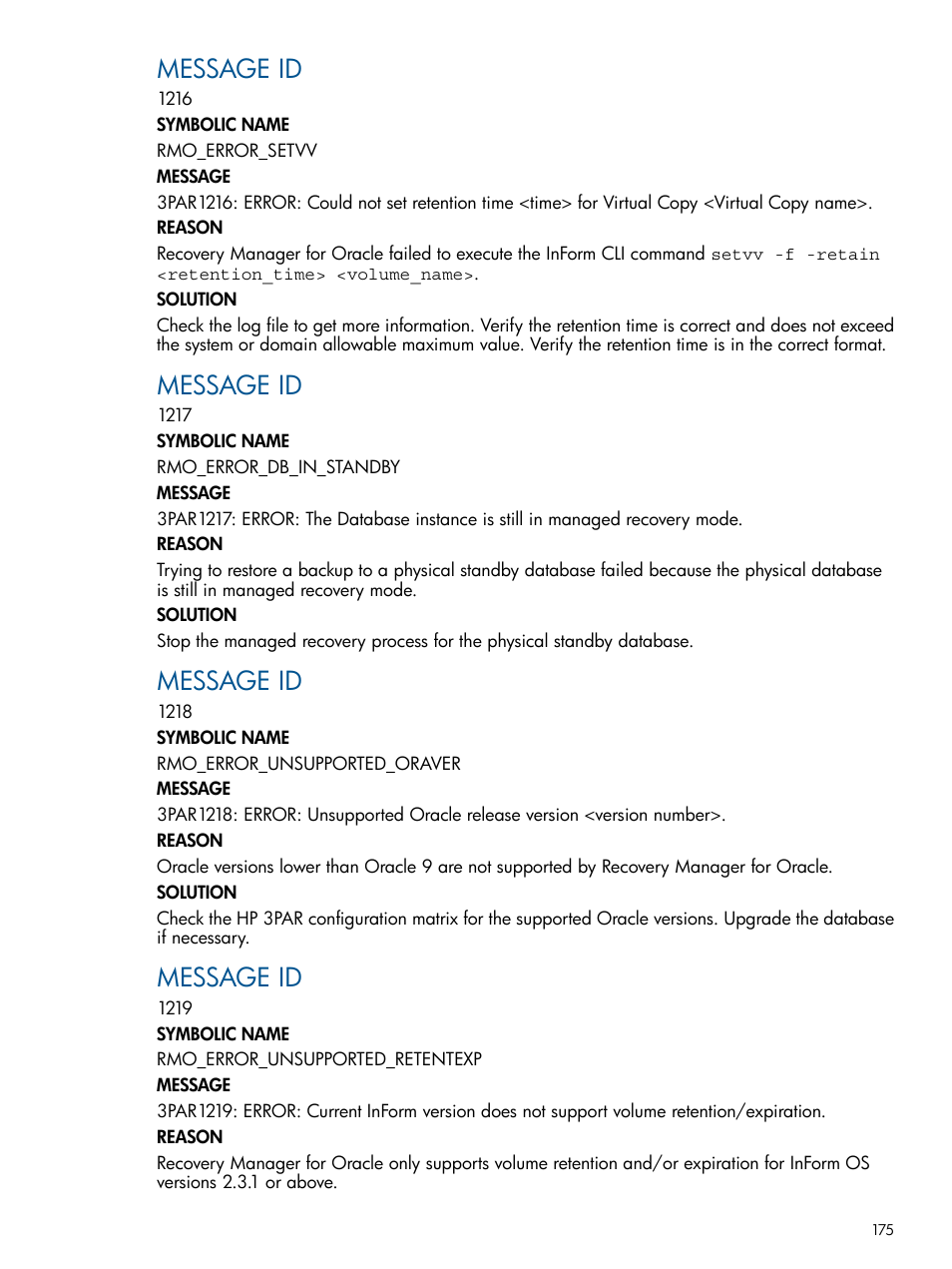 Message id | HP 3PAR Application Software Suite for Oracle Licenses User Manual | Page 175 / 199