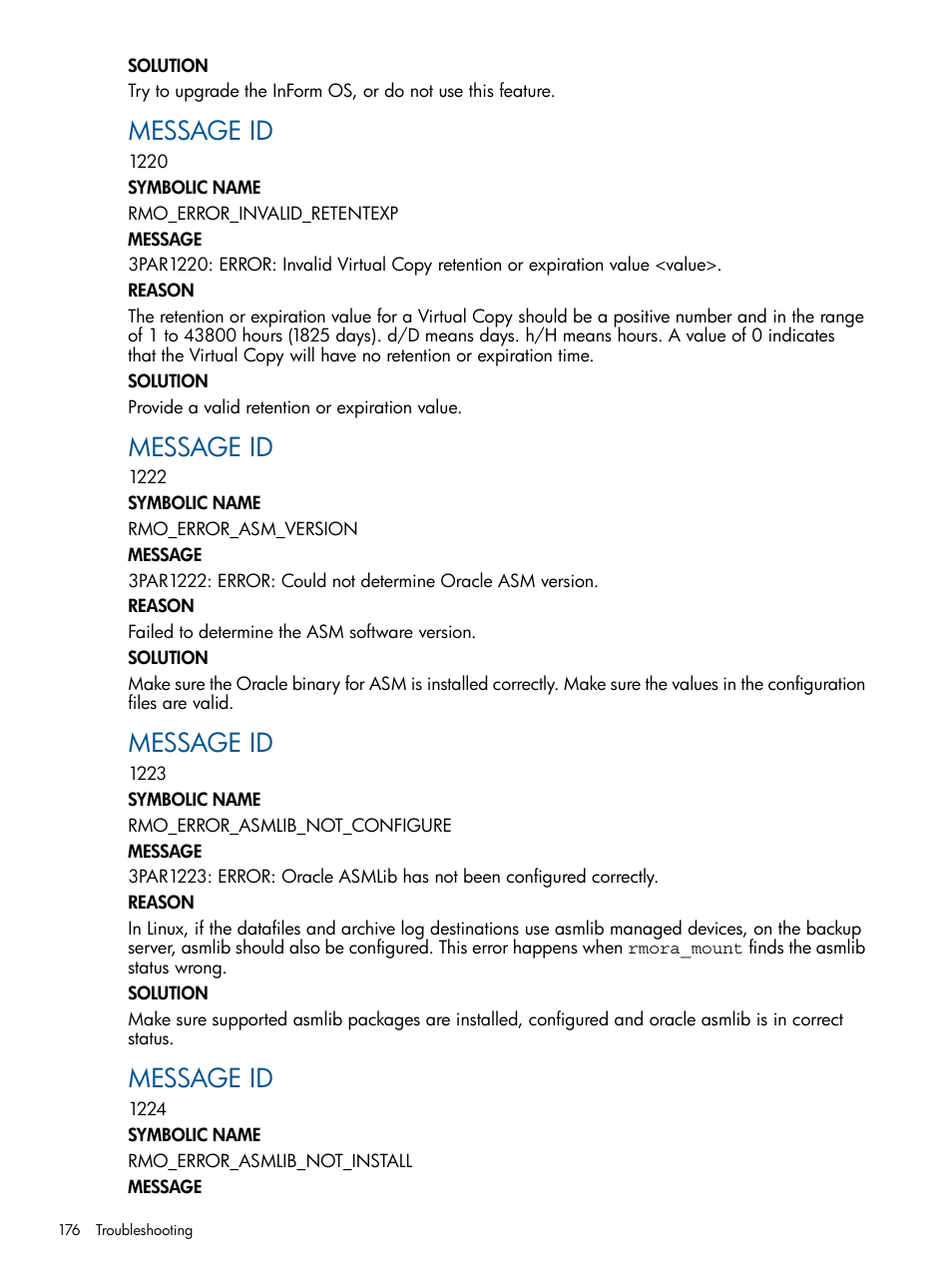 Message id | HP 3PAR Application Software Suite for Oracle Licenses User Manual | Page 176 / 199