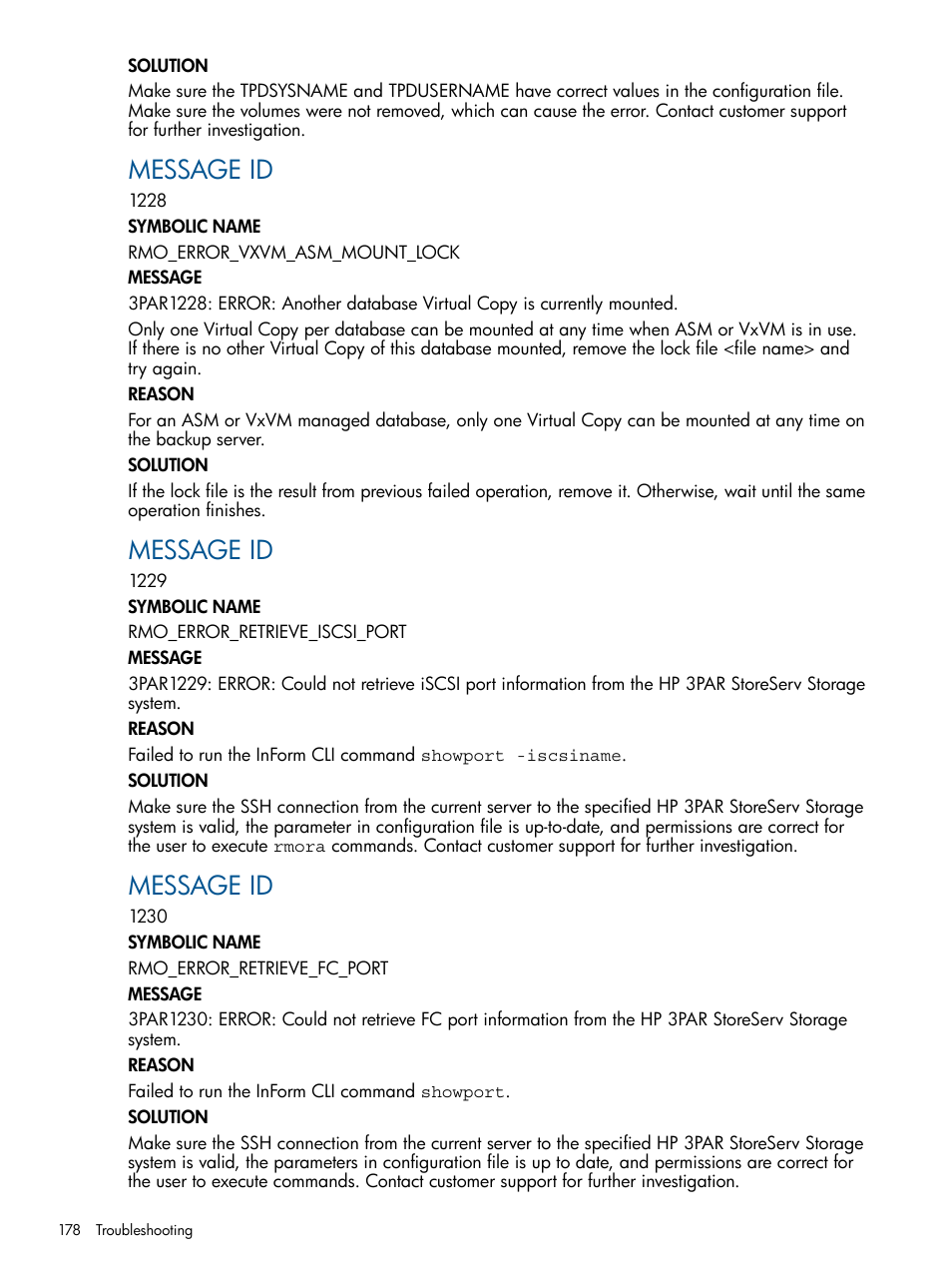 Message id | HP 3PAR Application Software Suite for Oracle Licenses User Manual | Page 178 / 199