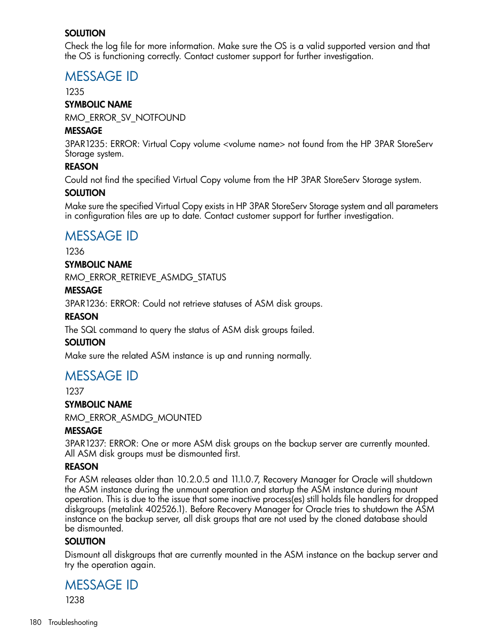 Message id | HP 3PAR Application Software Suite for Oracle Licenses User Manual | Page 180 / 199