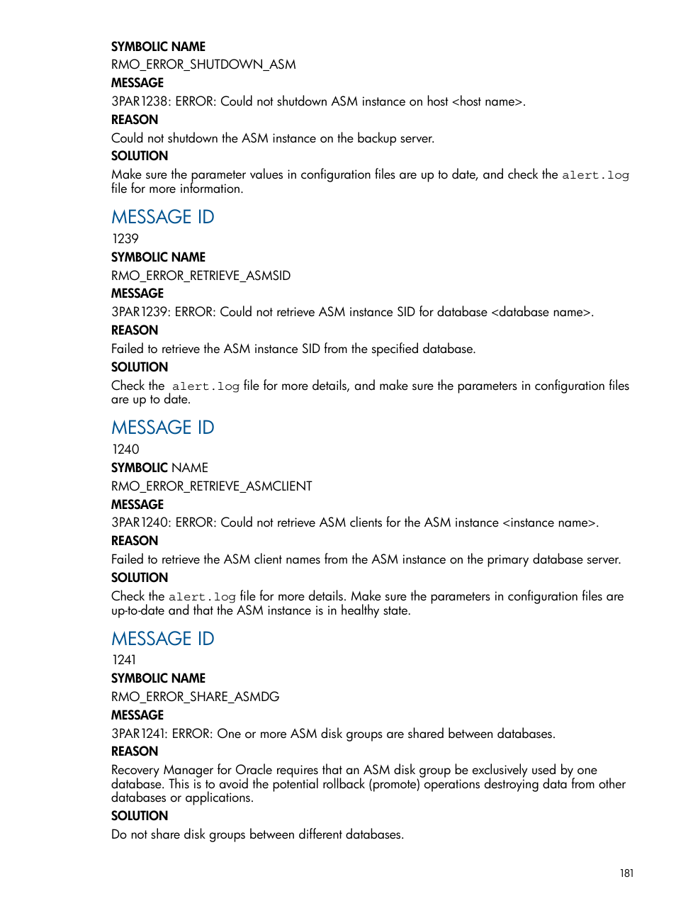 Message id | HP 3PAR Application Software Suite for Oracle Licenses User Manual | Page 181 / 199