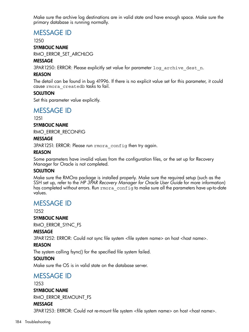 Message id | HP 3PAR Application Software Suite for Oracle Licenses User Manual | Page 184 / 199
