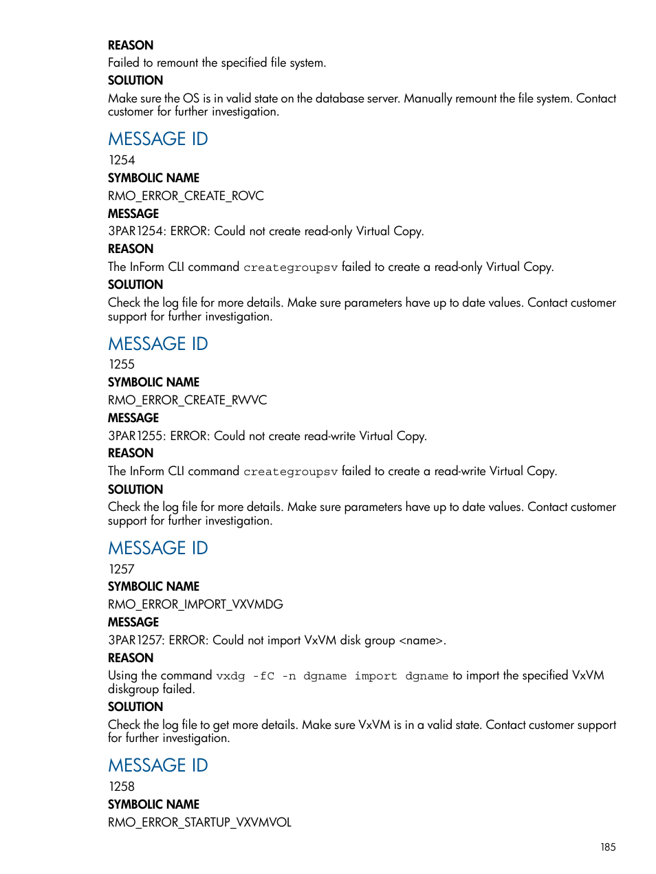 Message id | HP 3PAR Application Software Suite for Oracle Licenses User Manual | Page 185 / 199